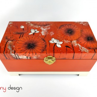 Orange rectangle lacquer box hand-painted with lotus pond included with stand 18x35 cm